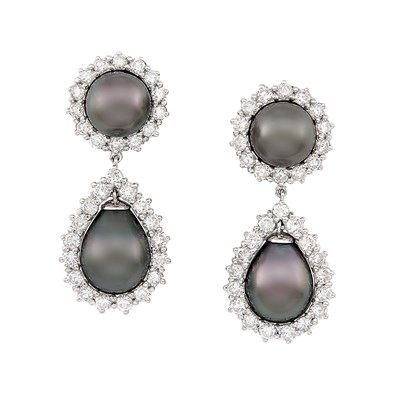 Lot 362 - Pair of Platinum, Tahitian Black Cultured Pearl and Diamond Pendant-Earclips