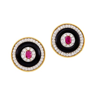 Lot 446 - Pair of Gold, Black Onyx, Ruby and Diamond Earclips, Emis