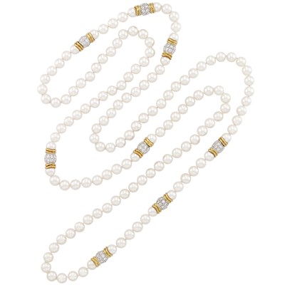 Lot 418 - Long Two-Color Gold, Cultured Pearl and Diamond Necklace/Triple Strand Necklace Combination