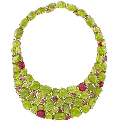 Lot 70 - Gold-Plated Silver, Cabochon Peridot and Ruby, Pink Tourmaline, Peridot and Diamond Bib Necklace