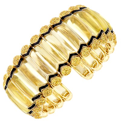 Lot 158 - Gold, Cabochon Citrine, Yellow Sapphire and Black Enamel Cuff Bangle Bracelet