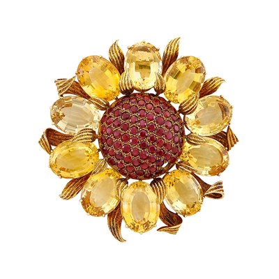 Lot 180 - Gold, Citrine and Garnet Sunflower Clip-Brooch