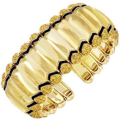 Lot 159 - Gold, Cabochon Citrine, Yellow Sapphire and Black Enamel Cuff Bangle Bracelet