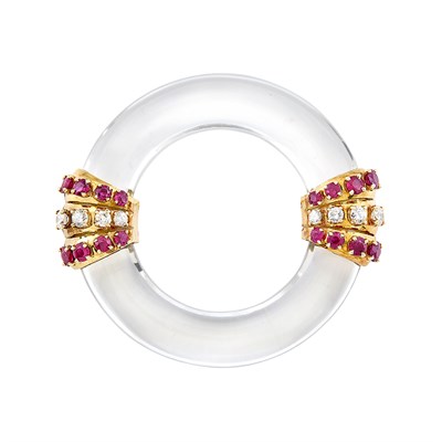 Lot 236 - Rock Crystal, Gold, Diamond and Ruby Circle Brooch
