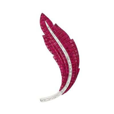 Lot 131 - White Gold, Invisibly-Set Ruby and Diamond Leaf Brooch, Alexis