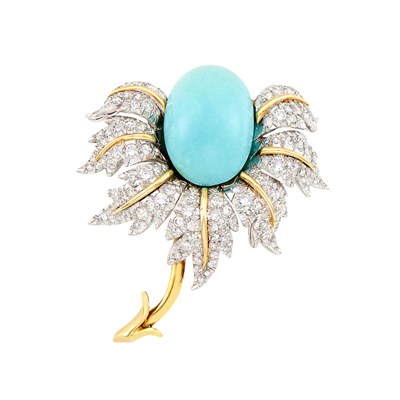 Lot 351 - Platinum, Gold, Turquoise and Diamond Flower Clip-Brooch