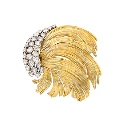 Lot 380 - Gold and Diamond Feather Brooch, France