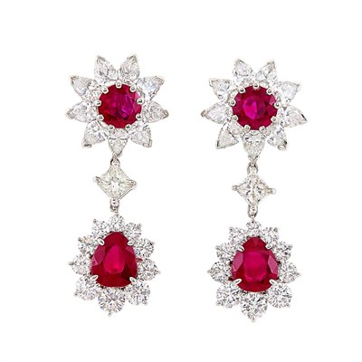 Lot 128 - Pair of Platinum, Ruby and Diamond Pendant-Earclips
