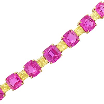Lot 372 - Gold, Pink Sapphire and Fancy Intense Yellow Diamond Bracelet