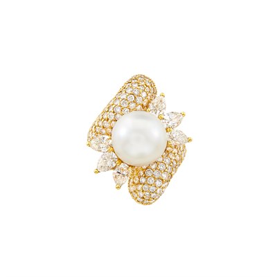 Lot 331 - Gold, South Sea Cultured Pearl and Diamond Crossover Ring, Neiman Marcus