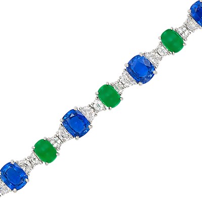 Lot 308 - Platinum, Sapphire, Cabochon Emerald and Diamond Bracelet
