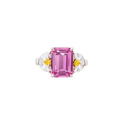 Lot 370 - Platinum, Gold, Pink Sapphire, Yellow Diamond and Diamond Ring