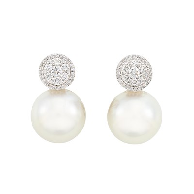 Lot 136 - Pair of White Gold, South Sea Cultured Pearl and Diamond Earrings