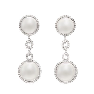 Lot 349 - Pair of White Gold, South Sea Cultured Pearl and Diamond Pendant-Earrings