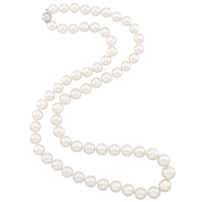 Lot 347 - Long South Sea Cultured Pearl Necklace with White Gold and Diamond Ball Clasp