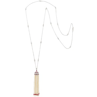 Lot 101 - White Gold, Diamond, Ruby and Cultured Pearl Tassel Pendant with White Gold and Diamond Chain Necklace