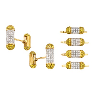 Lot 366 - Platinum, Gold, Invisibly-Set Diamond and Yellow Diamond Dress Set