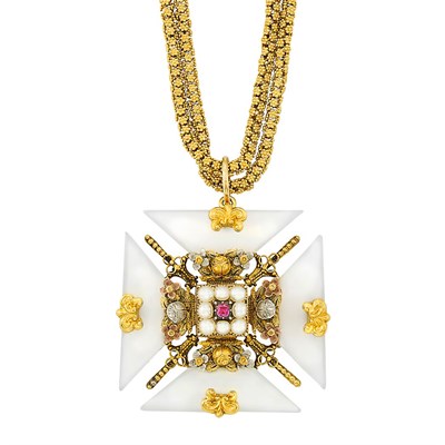 Lot 226 - Antique Gold Chain with White Chalcedony, Variegated Gold, Ruby and Split Pearl Maltese Cross Pendant-Brooch