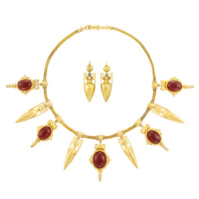 Lot 221 - Archaeological Revival Gold and Carbuncle Garnet Fringe Necklace and Pair of Pendant-Earrings