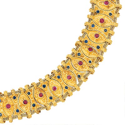 Lot 19 - Gold, Ruby and Sapphire Necklace, Bracelet and Pair of Earclips