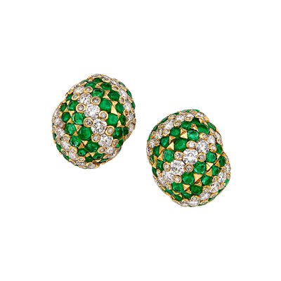 Lot 299 - Pair of Gold, Diamond and Emerald Bombé Earclips, Tiffany & Co., France