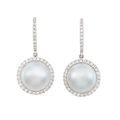 Lot 189 - Pair of White Gold, South Sea Cultured Pearl and Diamond Pendant-Earrings