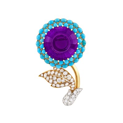 Lot 385 - Gold, Platinum, Amethyst, Turquoise and Diamond Clip-Brooch, Cartier, France