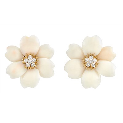 Lot 376 - Pair of Gold, Carved White Coral and Diamond 'Rose de Noel' Flower Earclips, Van Cleef & Arpels, France