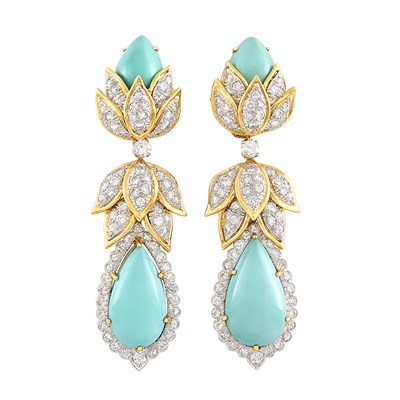 Lot 379 - Pair of Gold, Platinum, Turquoise and Diamond Pendant-Earclips, David Webb