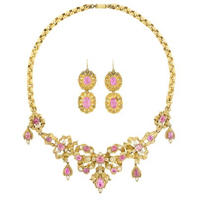 Lot 340 - Antique Gold and Pink Foil-Backed Colorless Topaz and Yellow Chrysoberyl Necklace and Pair of Pink Topaz Pendant-Earrings