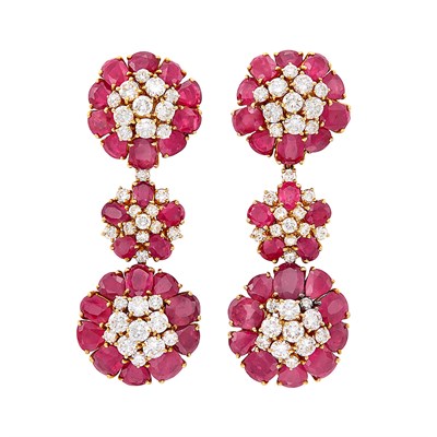 Lot 373 - Pair of Gold, Diamond and Ruby Pendant-Earclips