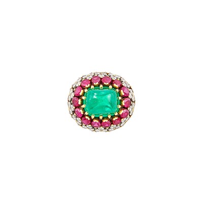 Lot 363 - Gold, Platinum, Cabochon Emerald, Ruby and Diamond Ring, Marchak, Paris