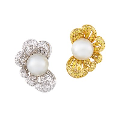 Lot 255 - Pair of Two-Color Gold, South Sea Cultured Pearl, Yellow Diamond and Diamond Flower Earrings