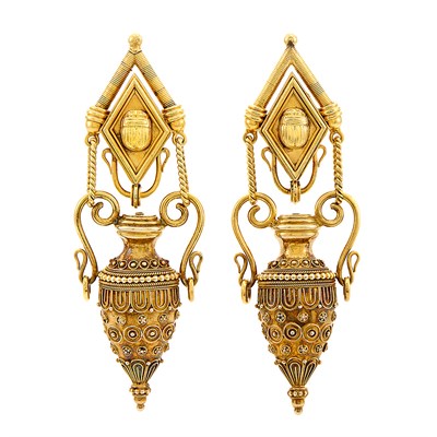 Lot 218 - Pair of Etruscan Revival Gold Pendant-Earclips