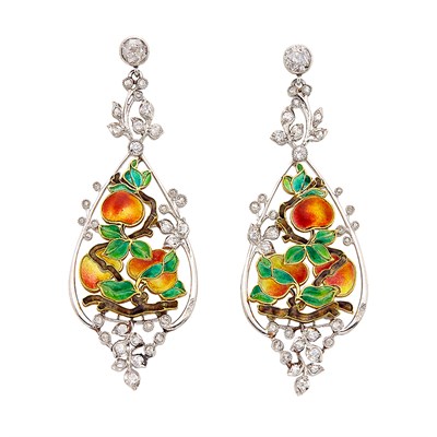 Lot 265 - Pair of Art Nouveau Platinum, Gold, Plique-à-Jour Enamel and Diamond Pendant-Earrings