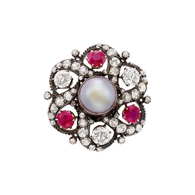 Lot 96 - Antique Silver, Gold, Natural Gray Pearl, Diamond and Ruby Pendant-Brooch