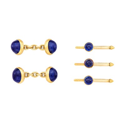 Lot 222 - Pair of Gold and Cabochon Sapphire Cufflinks, France and Three Studs, Tiffany & Co.