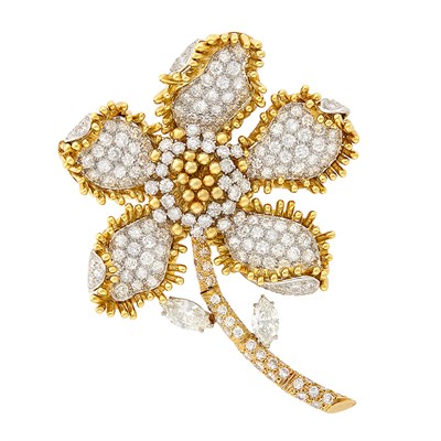 Lot 361 - Gold, Platinum and Diamond Flower Clip