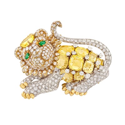 Lot 365 - Gold, Platinum, Yellow Sapphire, Diamond and Emerald Lion Clip-Brooch, David Webb