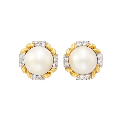 Lot 354 - Pair of Gold, Platinum, Mabé Pearl and Diamond Earclips, Van Cleef & Arpels