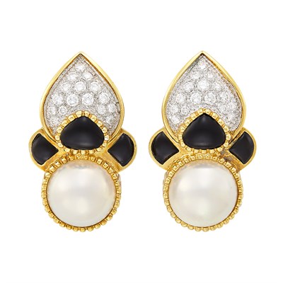Lot 350 - Pair of Two-Color Gold, Diamond, Mabé Pearl and Black Onyx Earclips