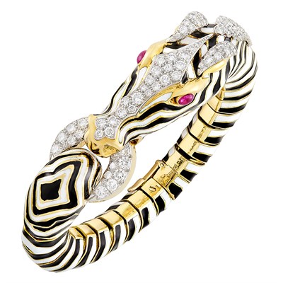 Lot 378 - Gold, Platinum, Enamel, Diamond and Cabochon Ruby Zebra Bangle Bracelet, David Webb