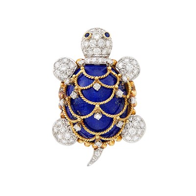 Lot 355 - Gold, Platinum, Lapis and Diamond Turtle Pin, Hammerman Brothers