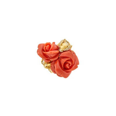 Lot 36 - Gold, Carved Coral and Diamond Flower Ring, Christian Dior, France