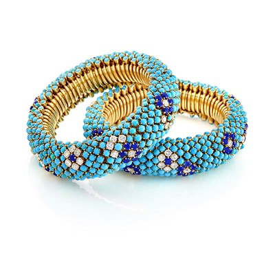 Lot 387 - Pair of Gold, Turquoise, Diamond and Sapphire Bracelets/ Necklace Combination, Van Cleef & Arpels, France