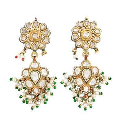 Lot 336 - Pair of Indian Gold, Foil-Backed Diamond, Seed Pearl, Glass Bead, Enamel and Jaipur Enamel Pendant-Earrings