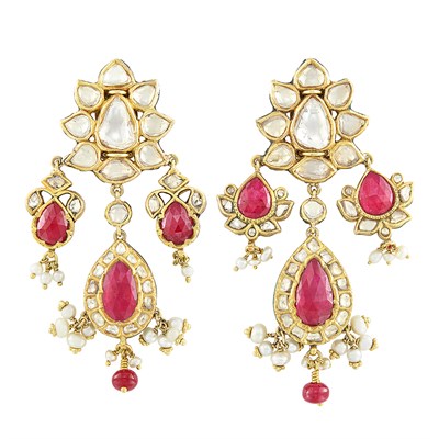 Lot 335 - Pair of Indian Gold, Foil-Backed Diamond and Ruby, Seed Pearl, Enamel and Jaipur Enamel Pendant-Earclips
