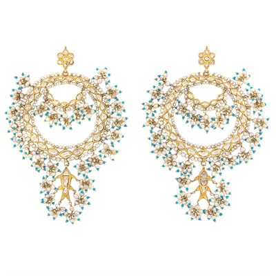 Lot 337 - Pair of Indian Gold, Freshwater Seed Pearl, Foil-Backed Diamond and Glass Bead Hoop Pendant-Earrings