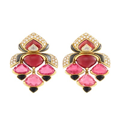 Lot 345 - Pair of Gold, Cabochon Rubellite and Pink Tourmaline, Diamond and Black Onyx Earclips, Marina B, France