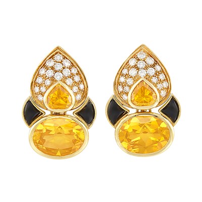 Lot 349 - Pair of Gold, Citrine, Diamond and Black Onyx Earclips